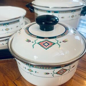 Vintage Studio Nova Adirondack Southwestern/Aztec Enamel 4 piece Cookware Set
